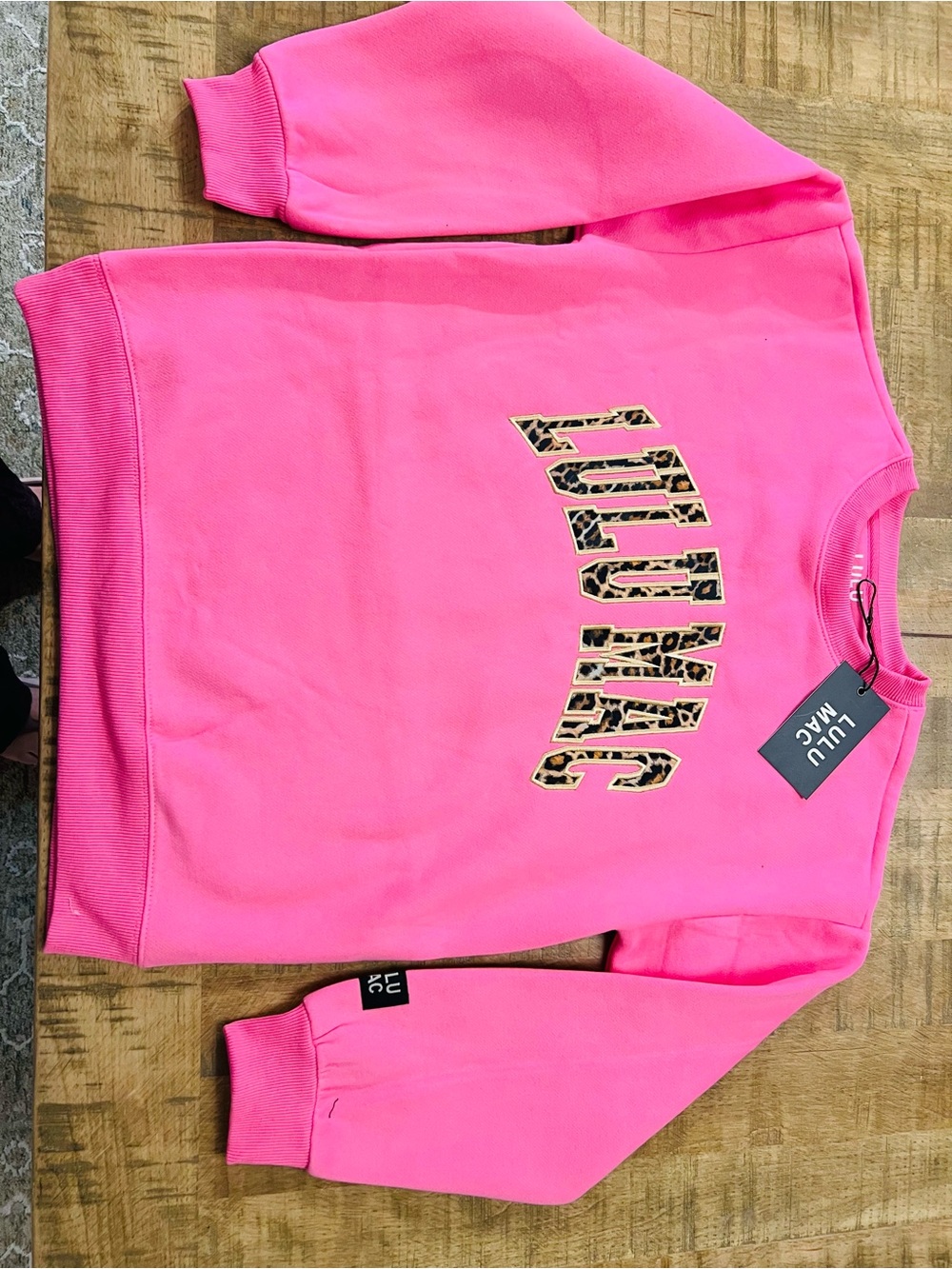 Youth Large, Lulu Mac, Pink Crewneck Sweatshirt with Leopard-Print Logo